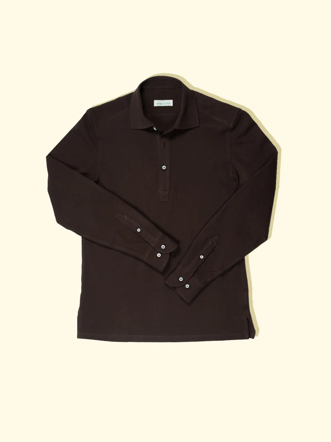 Cheap The Anthology Pique Long Sleeve Spread Collar Polo - Chocolate Brown